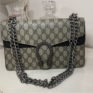 REPOSHING this T-BagBeige and Black Monogram Shoulder Bag with Silver Chain